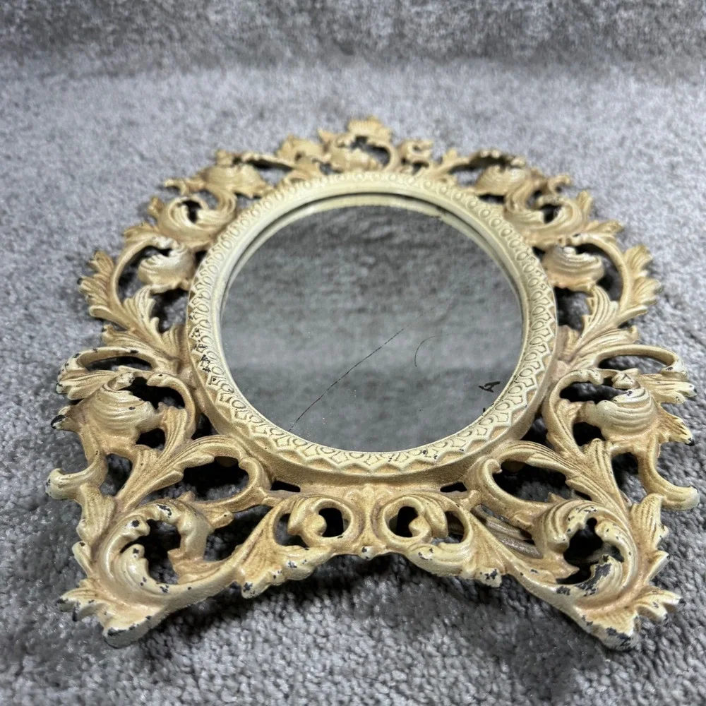 Wilton Vanity Mirror Cream Ornate Rococo Cast Metal Tabletop Easel 12.5